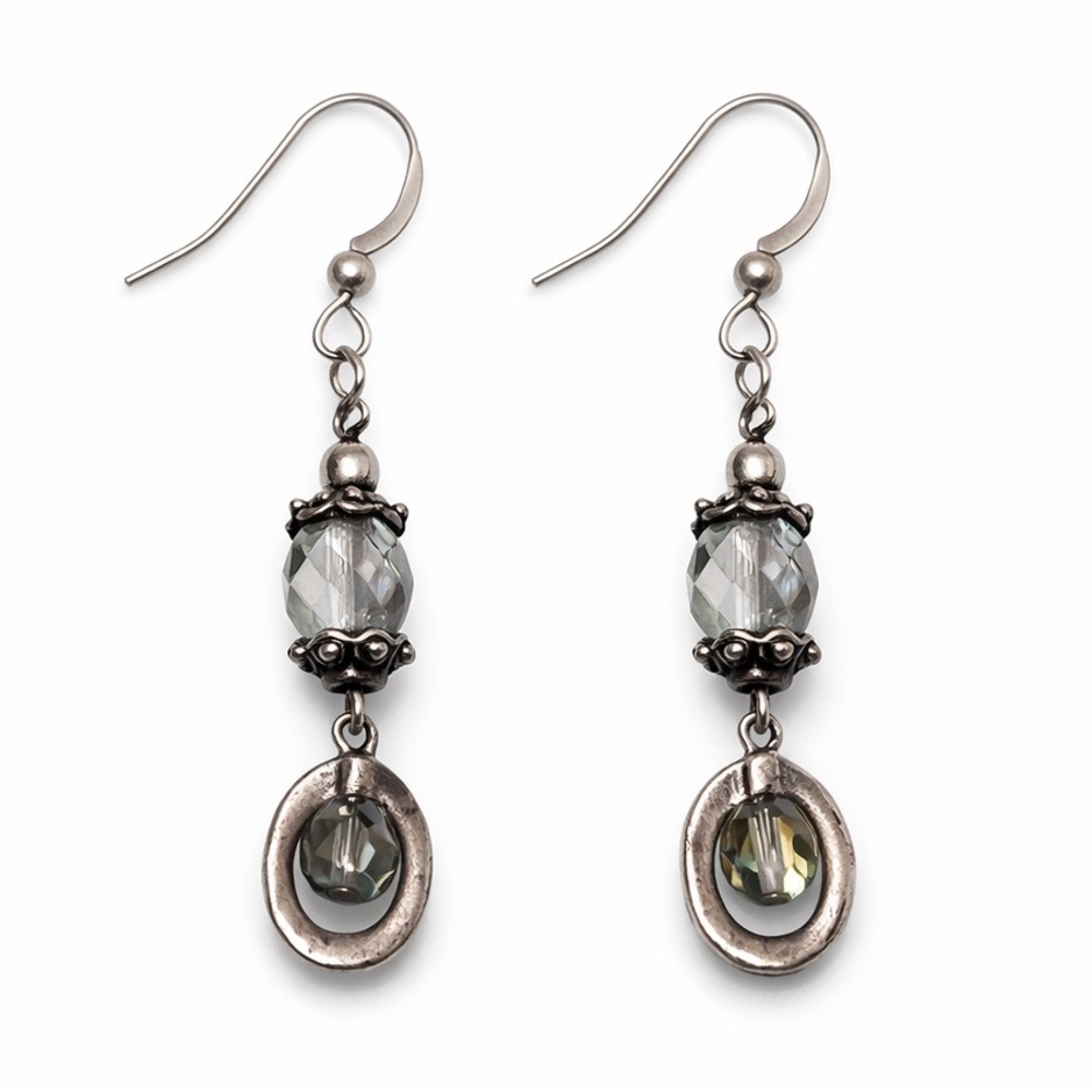 Vintage Beaded Dangle Earrings Silver Tone
